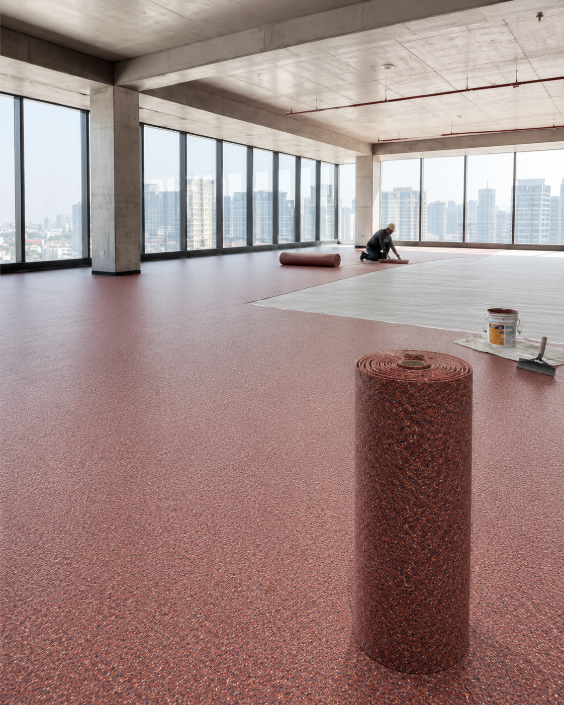 Imagen de referencia de Mute PRO: rollo y colocación de la manta bajo piso en un espacio interior