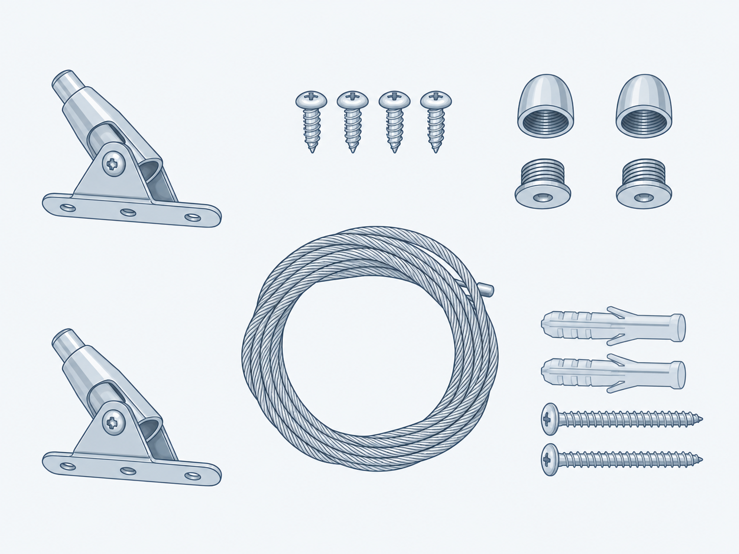 Ilustración del kit de suspensión con placas articuladas, cable y fijaciones